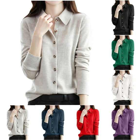 ATOYSOY Women's Fashion Pullover with Pockets Long Sleeve Tees Fall Winter Outwear Loose Business Tops Casual Shirts Turn Down Collar Button Sweatshirts Beige L