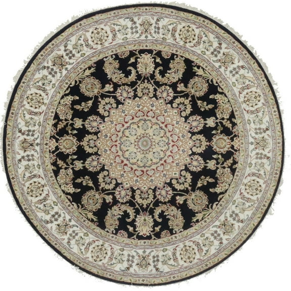 Dark Navy Floral 6X6 Indo-Nain Oriental Round Rug