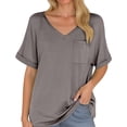 thumbnail image 2 of Lixiuxyad Women's V Neck Pocket Tee With Rolled Hem Short Sleeve Loose Top Trendy Casual,Gray XL, 2 of 4
