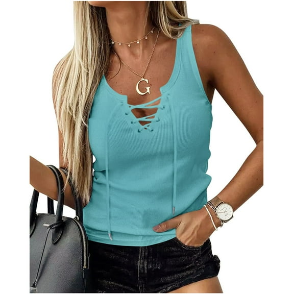Summer V-neck Lace-up Women Slim Fit Sleeveless Tank Tops Drawstring Camisole
