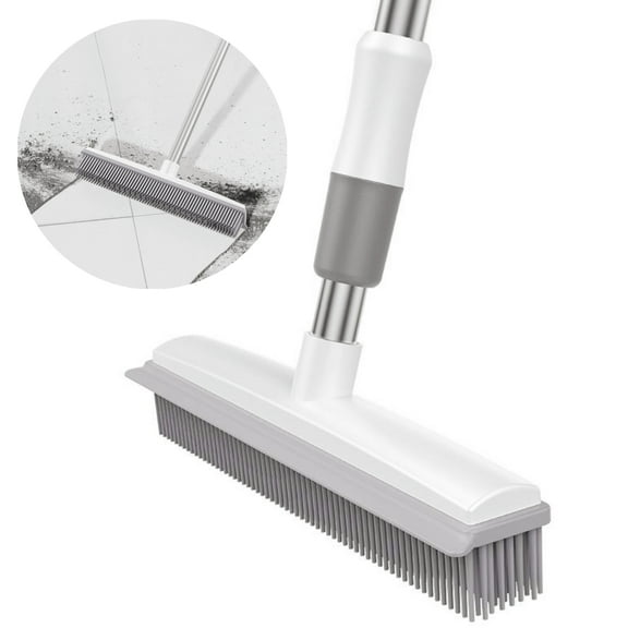 Raistyw Rubber Push Handle Broom with Squeegee for Hardwood Floor, Glass Cleaning, 47" Pet Hair Remover Broom, Gray
