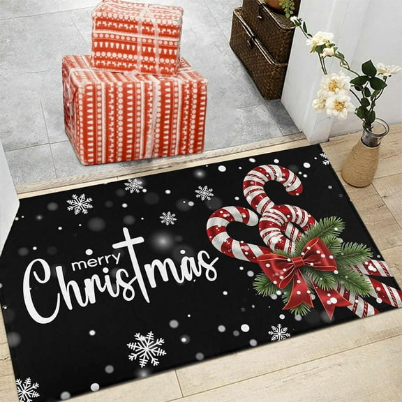 Merry Christmas Snowflake Black Decorative Doormat 30"x17", Seasonal Winter Xmas Holiday Low-Profile Non-Slip Floor Mat Switch Mat for Indoor Outdoor
