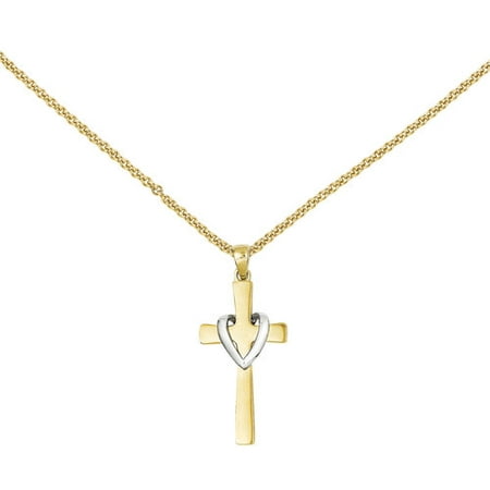 14kt Yellow Gold with Rhodium Polished Heart Cross Pendant