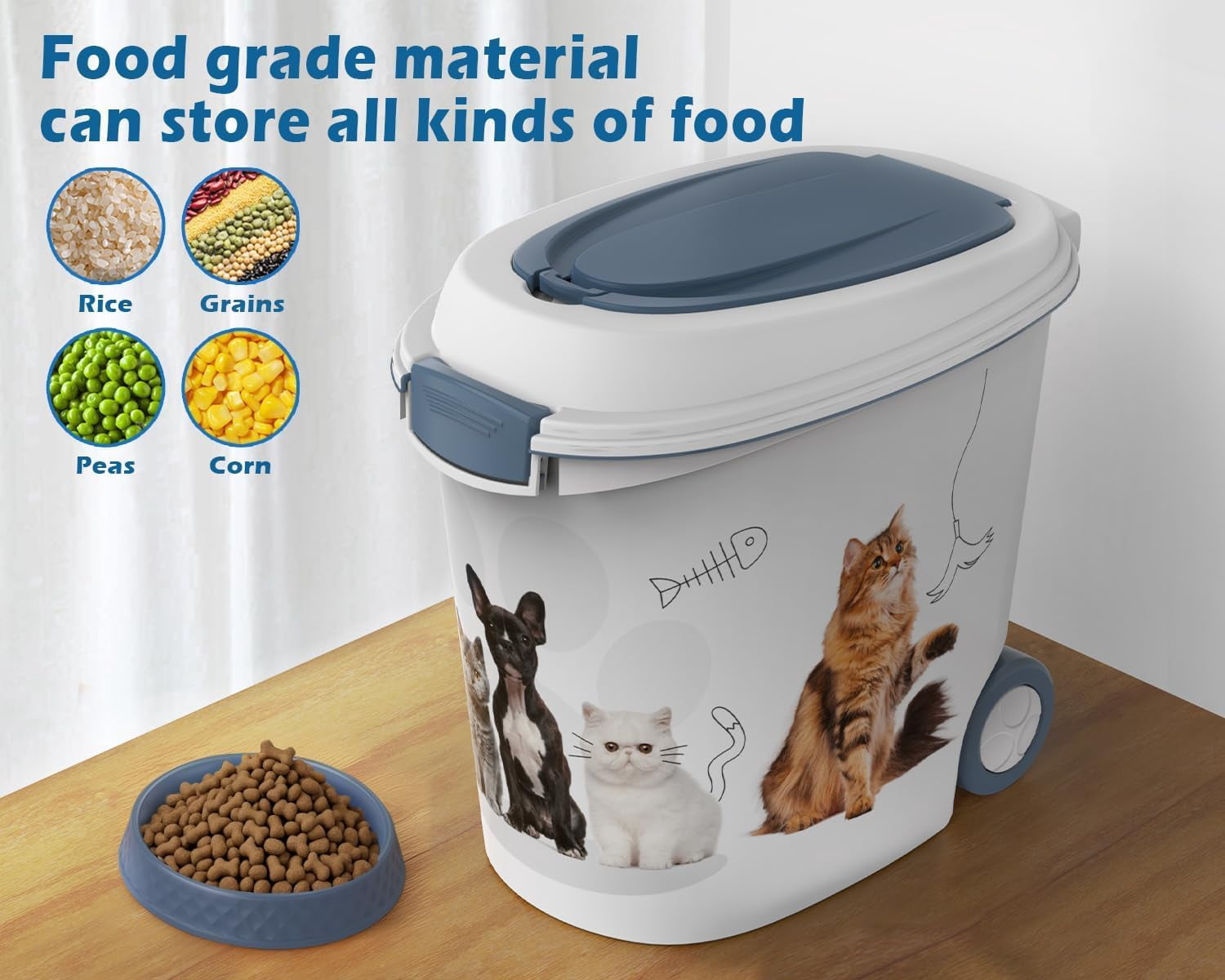 LEHOME Pet Food Storage Container with Wheels Resin 30LB Capacity Dog Food Container with Slow Feeder Bowl and Scoop Easy to Move to Keep Food Fresh for Dogs, Cats, Birds