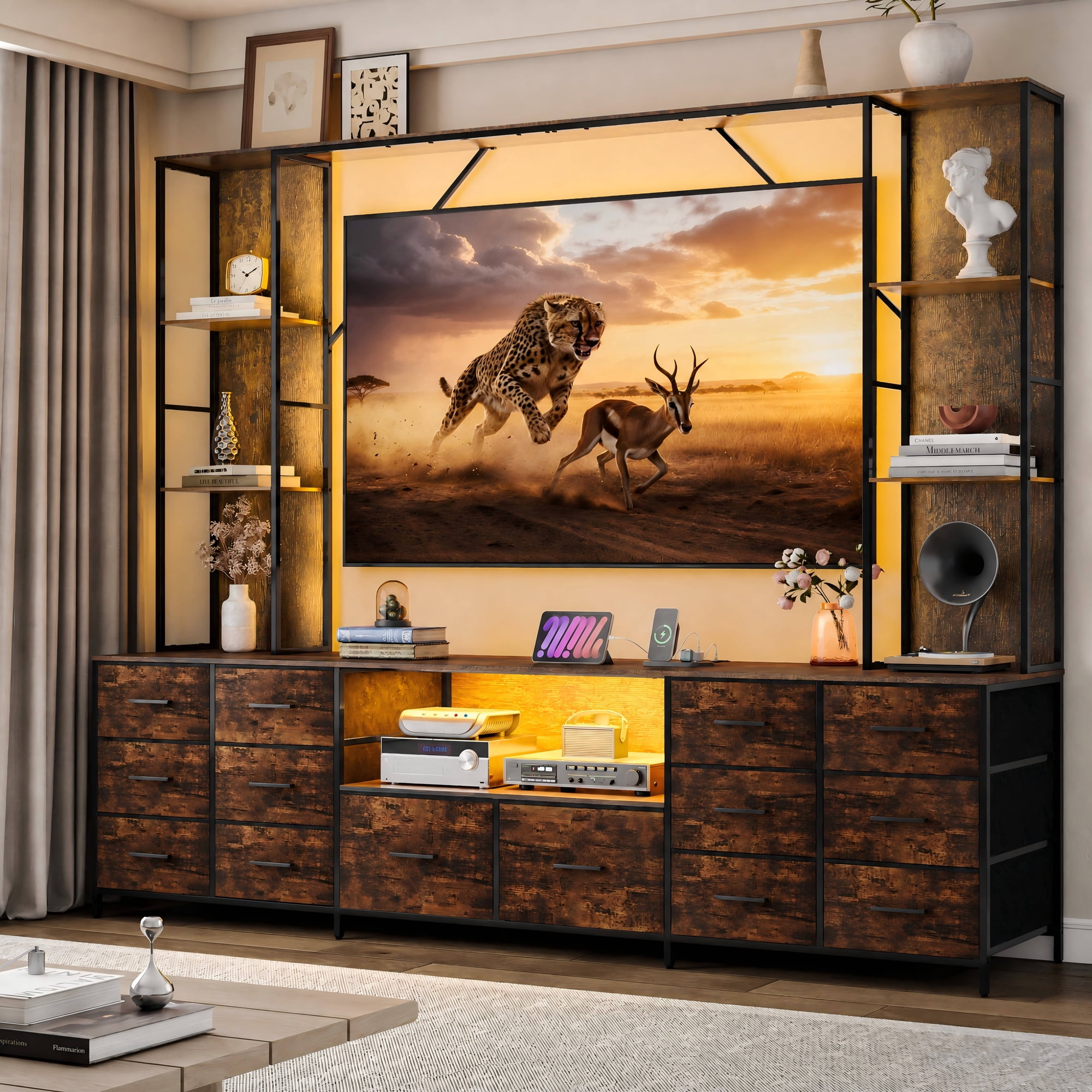 ANPOO 96" Large Wall Unit Entertainment Center with LED Lights & Charging Station, Wall Unit TV Stand with Bookshelves for Living Room, Modern Farmhouse TV Console with 14 Fabric Drawers, Brown