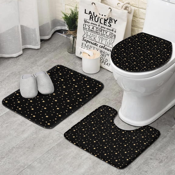 Black Gold Star Pattern Bathroom Rugs Sets 3 Piece,Toilet Cover Set,Absorbent Non Slip Bathroom Mats Sets with U-Shaped Contour Rug Toilet Rug Set
