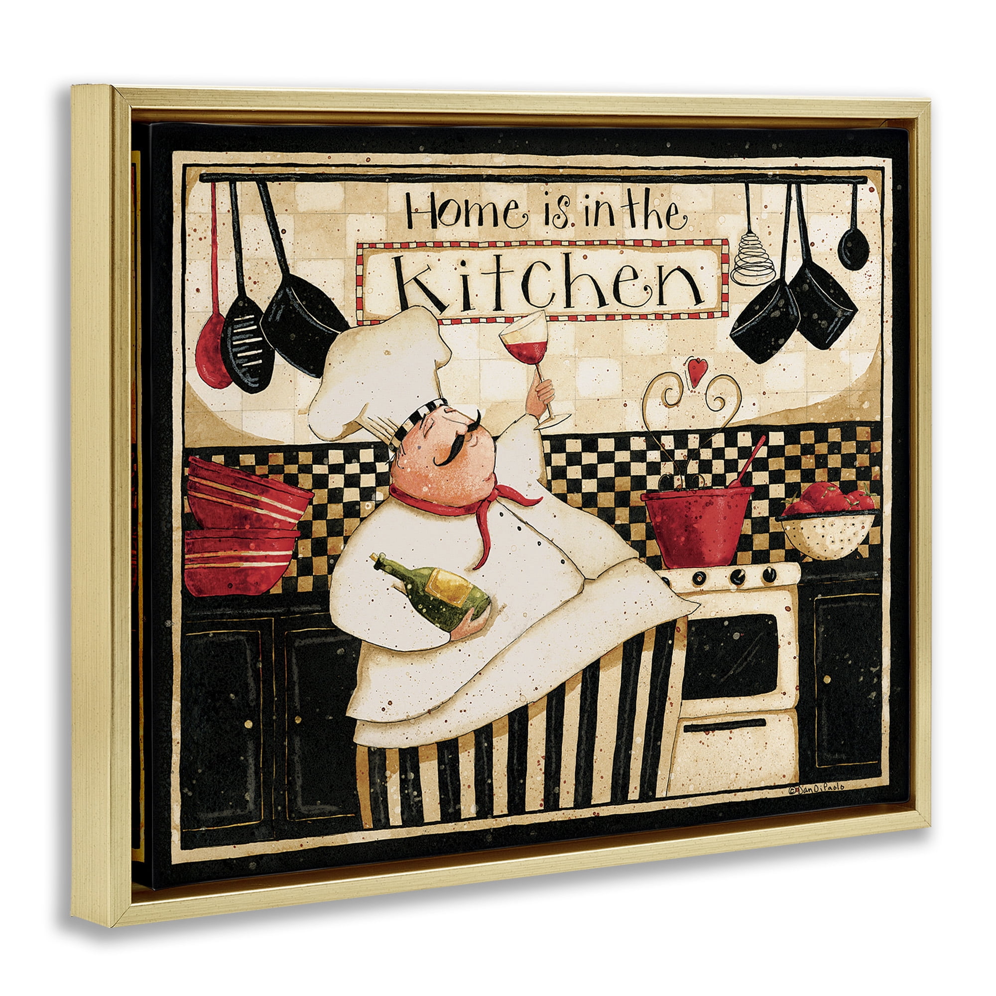 Stupell Industries Happy Chef Kitchen Phrase Food & Beverage Painting Gold Floater Framed Canvas Art Print Wall Art, 31 x 25
