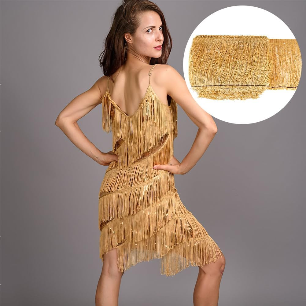 Paillette Tassel Polyester Ribbon Trim Clothes Accessories Gold 5-7/8 inch(150mm)