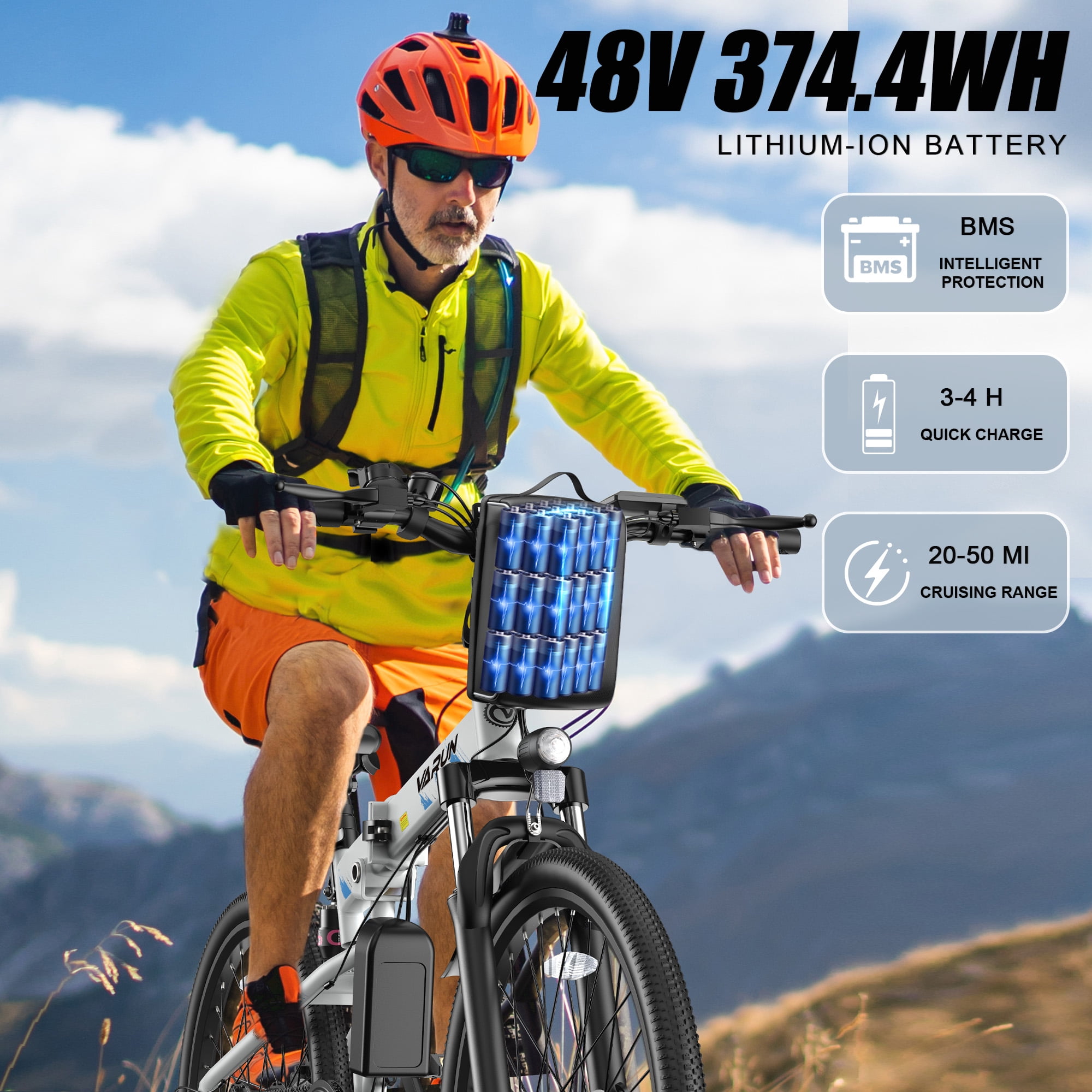 VARUN Electric Bike, 26" Foldable E-Bike, 750W Peak Motor, 48V Removable Battery (50-Mile), up to 20+ MPH, 7-Speed Gears, Full Suspension, E-Mountain Bike for Men & Women
