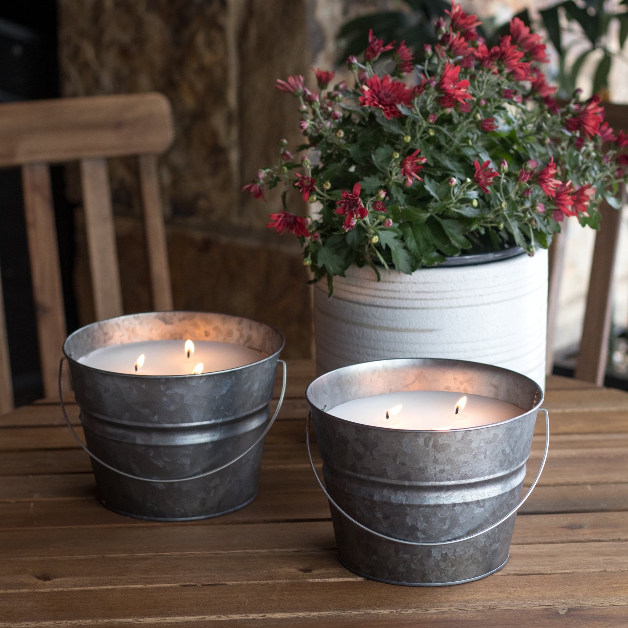 Mainstays Outside Citronella 30oz Metal Bucket 3-Wick Candle, Galvanized Gray (2 Pack)