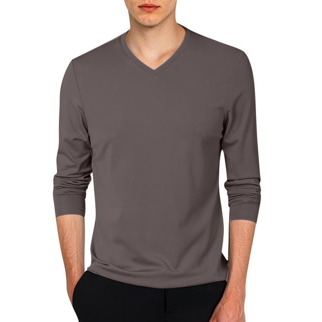Ediodpoh T-Shirt à Manches Longues Léger à Col en V Coupe Ajustée pour Homme Haut de Superposition Décontracté T-Shirts pour Hommes Café TTG