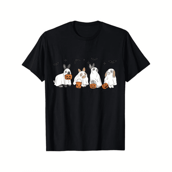 Cute Fall Ghost Bunny Rabbit Halloween Costume Spooky Season T-Shirt, 100% Cotton, Gifts for Men Dad Husband Grandpa, S to XXXL, Black