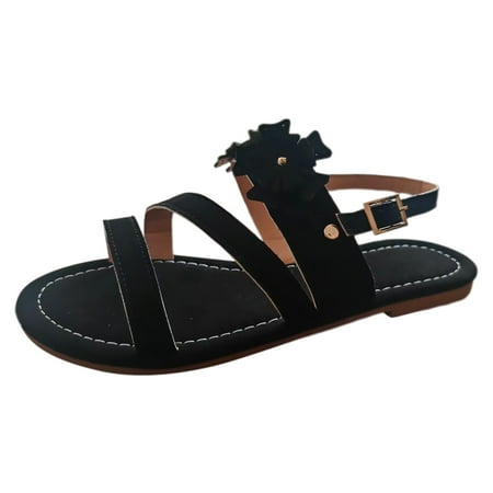 

Ladies Retro Flat Solid Colour Flower Outwear Beach Buckle Plus Size Sandals