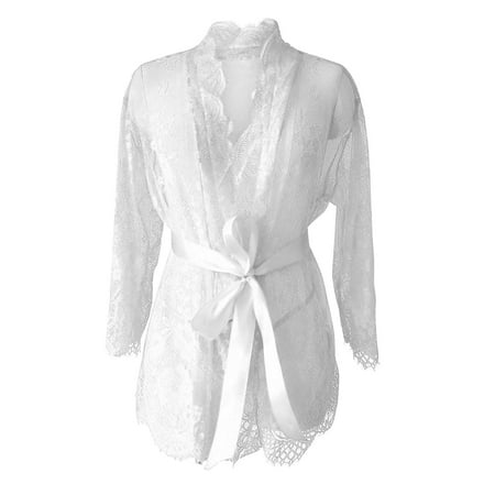 YFNNUP Women s Lace Kimono Robe Sexy Mesh Nightgown 2pc 3/4 Sleeve Lingerie Comfy Belt Nightwear S-3XL