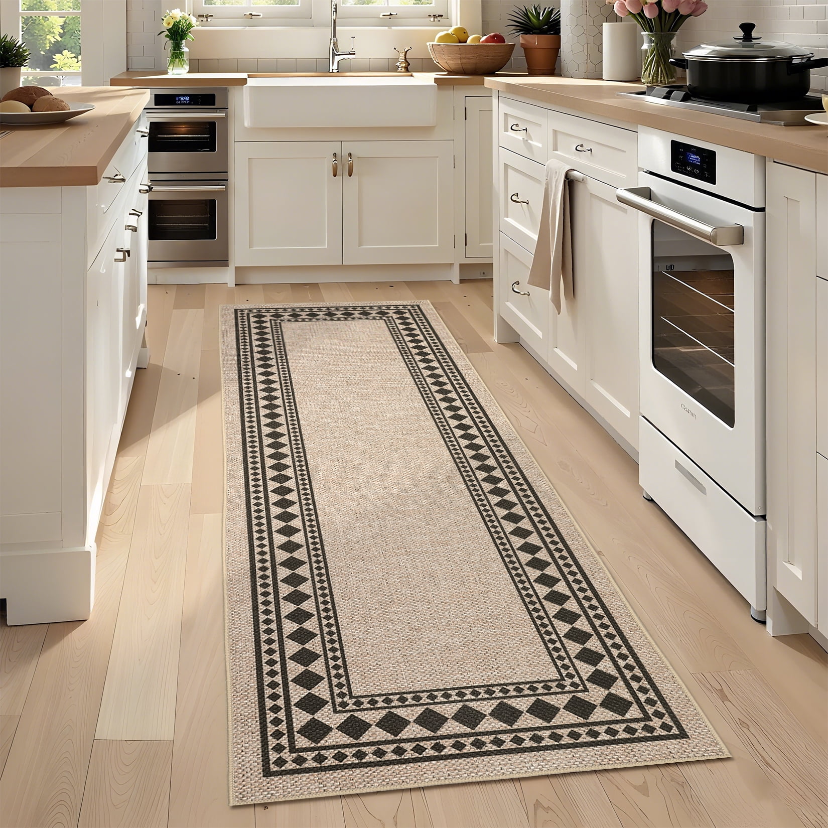 Garvee 2'x6' Modern Bordered Rug Solid Runner Rug, Geometric Washable Rugs Stain Resistant Low Pile Rug Non Slip Indoor Outdoor Carpet for Hallway Bedroom Home Office, Jute