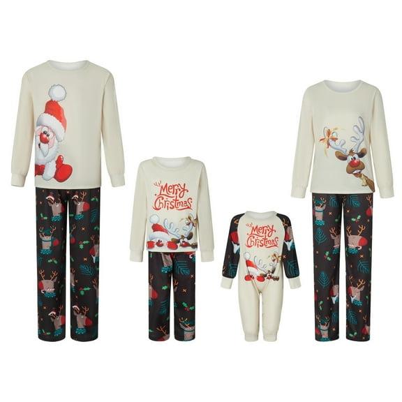 Elippeo Christmas Family Pajamas Matching Set Santa Claus Print Long Sleeve Tops and Elk Print Pants Sleepwear