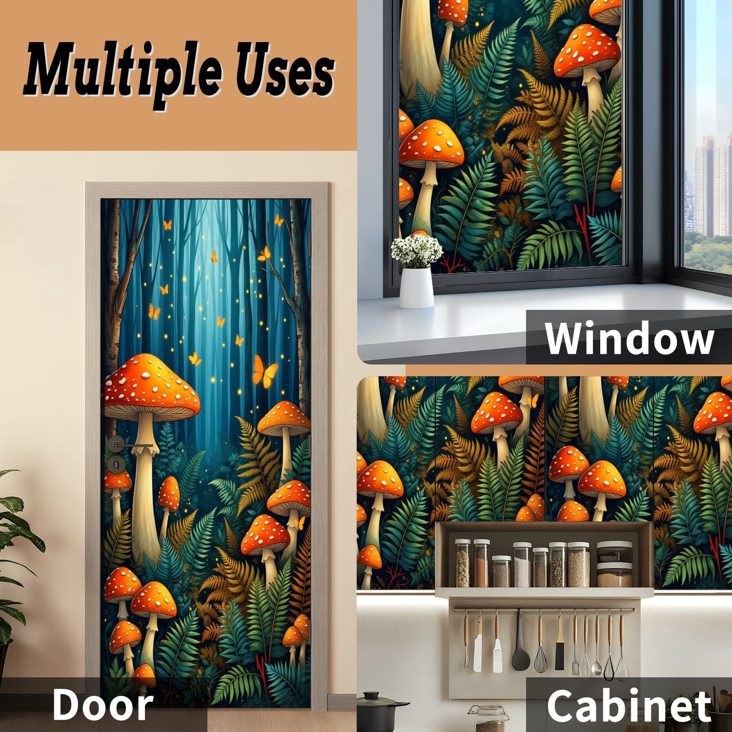 Self Adhesive Vinyl Refrigerator Wrap Set Magical Forest Vibrant Red Mushrooms Butterflies Botanical Door Mural Removable Fridge Sticker Peel and Stick&nbsp;Full Door Cover Decal Kitchen Bar Decor