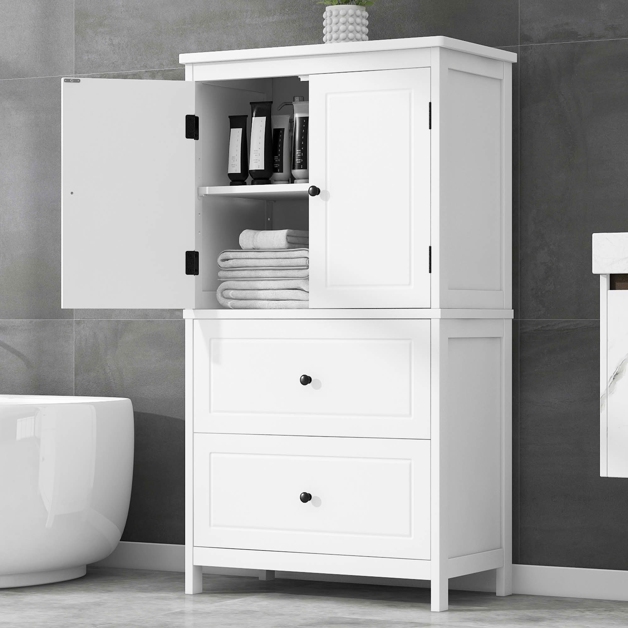 MAYEERTY Bathroom Cabinet 2 Doors Drawers Adjustable Shelf MDF White
