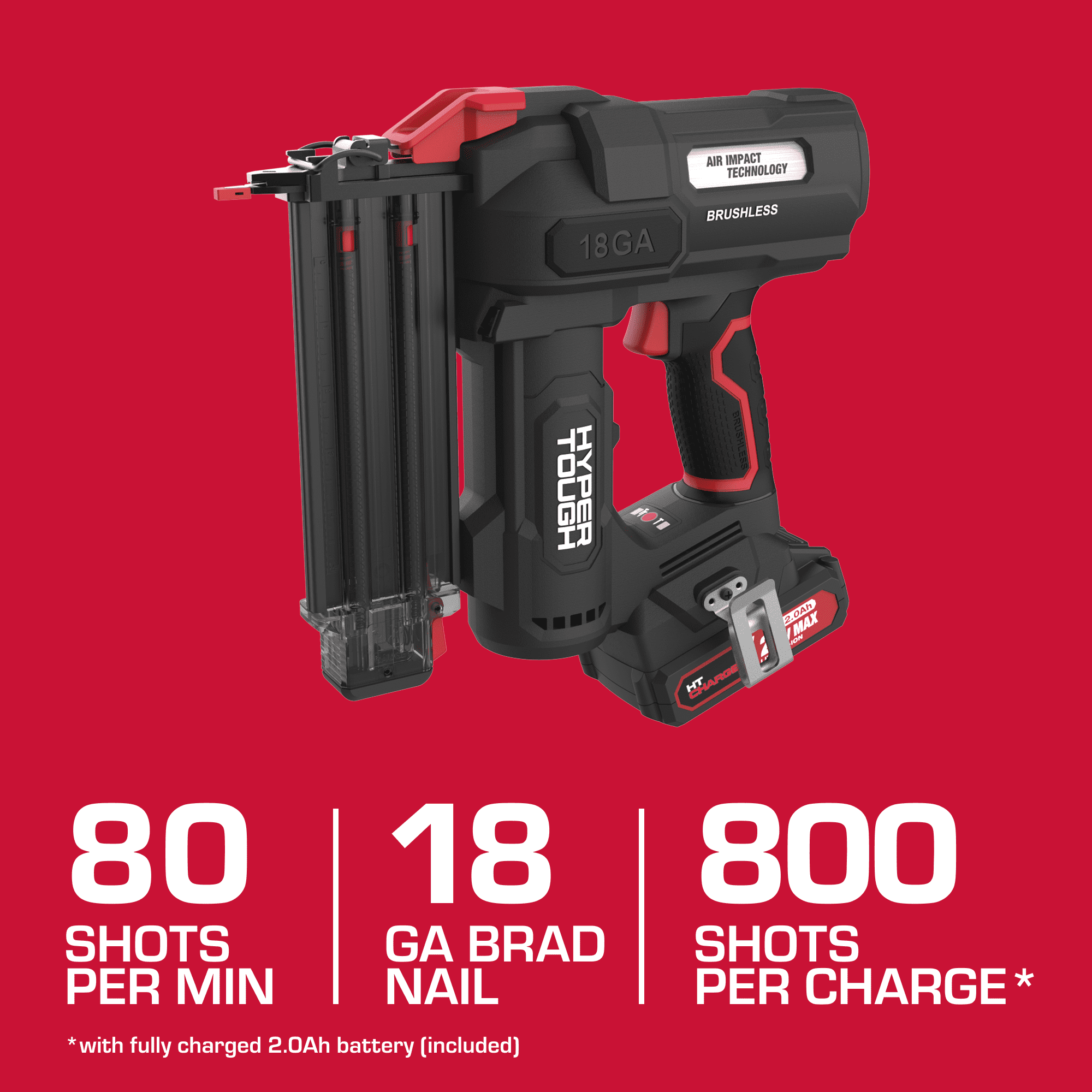 Hyper Tough 20V Max Brushless Cordless 18-Gauge Brad Nailer Kit, 2-1/8 in., with (1) 2.0Ah Lithium-Ion Battery, CCT18BWT