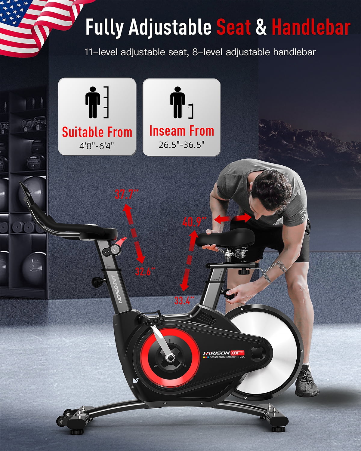 HARISON Semi-Commercial Exercise Bike with 36 Levels Resistance,  Workout Bike with 400 lb Capacity, Stationary bike with 2 in 1 LED Display for Resistance Control and Bluetooth