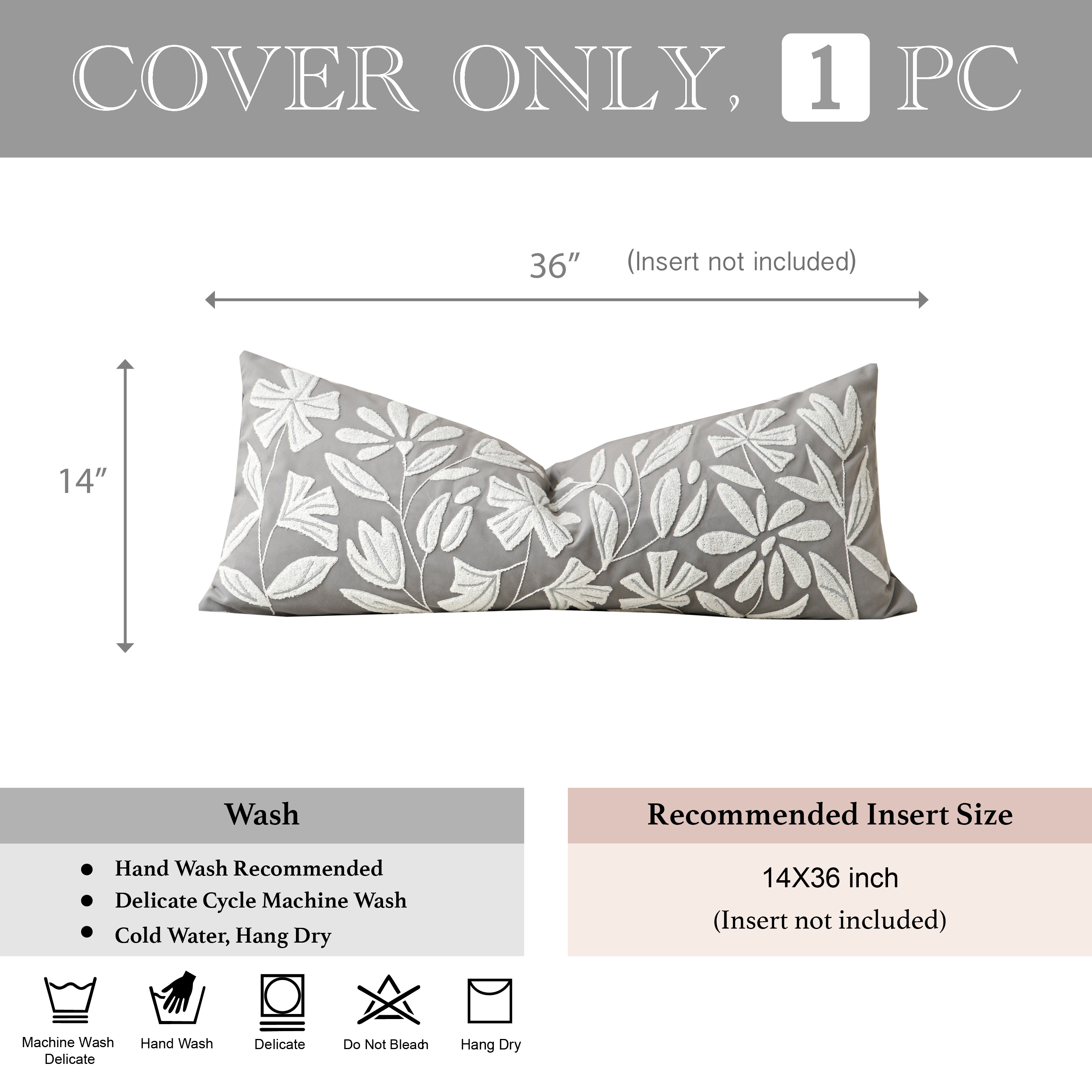 BlissBlush Grey Velvet Decorative Long Lumbar Pillow Cover 14x36, Light Gray Soft Body Pillow for Bed, Accent Lumbar Throw Pillow for Bedroom, Modern Farmhouse Textured Pillowcase
