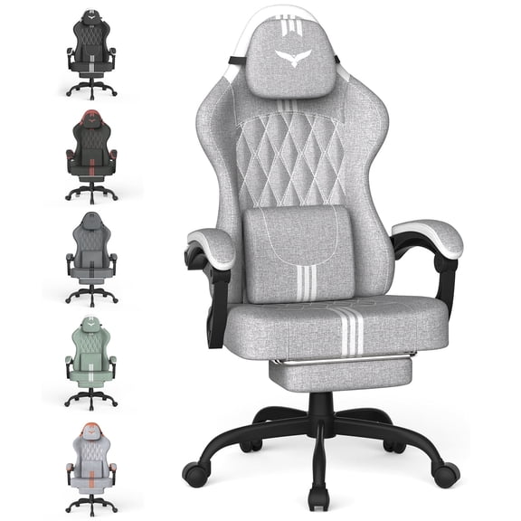 SOONTRANS Fabric Gaming Chair with Pocket Spring Cushion, 20" Wide Game Gamer Chairs Seat, Ergonomic Computer Chair with Adjustable Headrest, Lumbar Pillow, Footrest Reclining for Adults, Grey/White