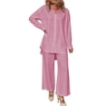 thumbnail image 4 of Cagogo Women's 2 Piece Long Sleeve Shirt Wide Leg Pants Set Casual Lounge Outfits Solid Collared Top Matching Lounge Set Airport Travel Clothes, Pink XL, 4 of 6