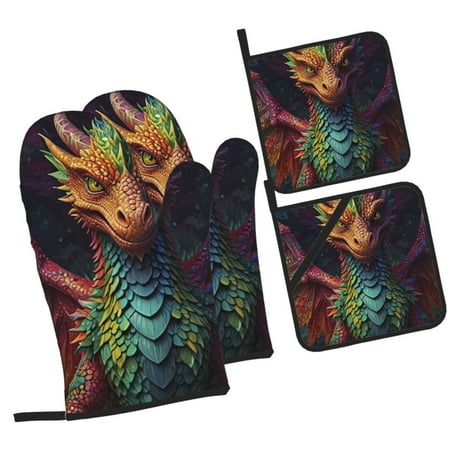

Fotbe Whimsical Dragon Color Cool for 4Pcs Oven Mitts and Pot Holders 500℉ Heat Resistant Oven Mitts Non-Slip Silicone Surface Safe for Baking Cooking BBQ