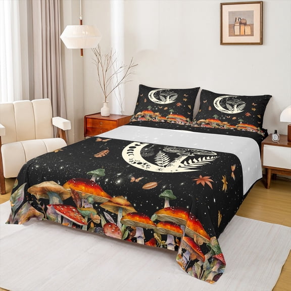 Manfei Cartoon Mushroom Twin Sheet Sets,Rustic Fungus Plant Twin Fitted Sheet,bohemian Exotic Style Flat Sheet For Girls Teens,Microfiber Bedroom Decor,3-Piece