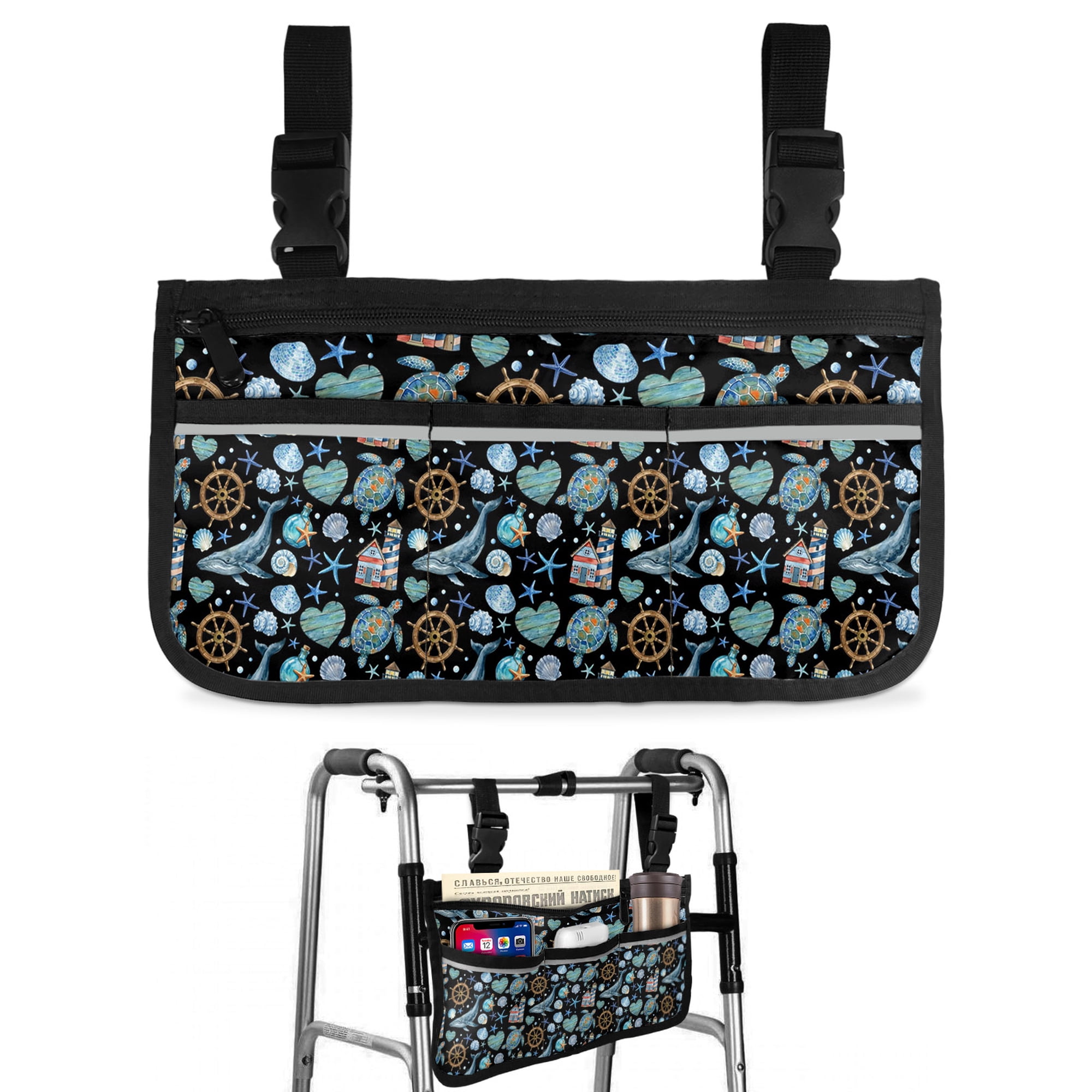 Summer Nautical Wheelchair Side Bag with Cup Holder, Ocean Shark Sea Turtle Retro Rudder Coastal Black Wheelchair Armrest Bag Storage Pouch Adults, Seniors for Walkers, Rollator, Scooter