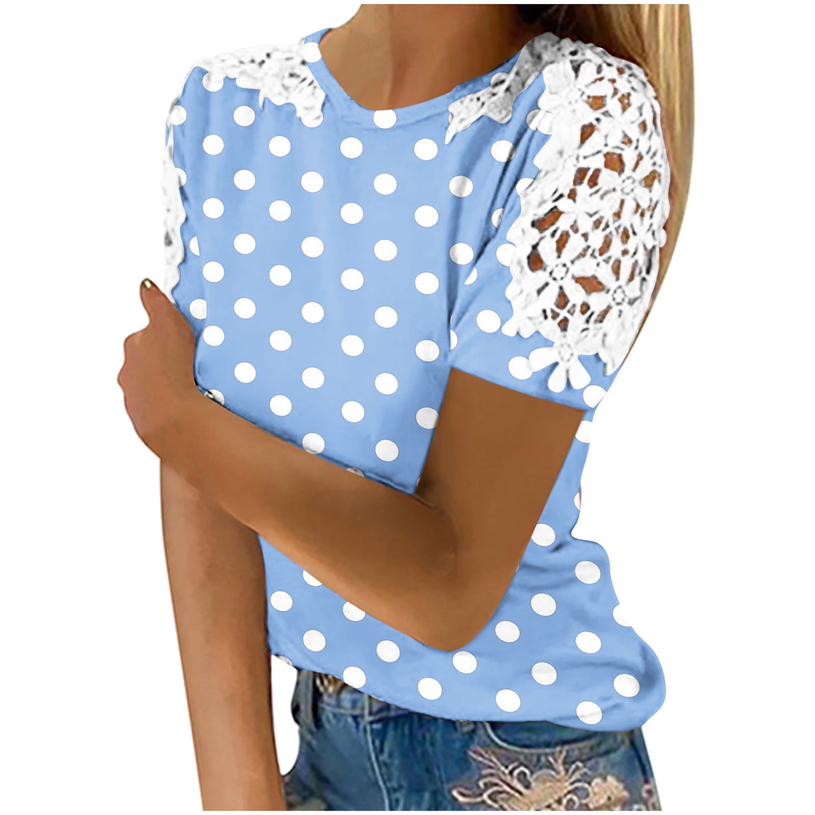 Kaemgyyd Tops for Women Trendy Polka Dot Crew Neck Blouse 2025