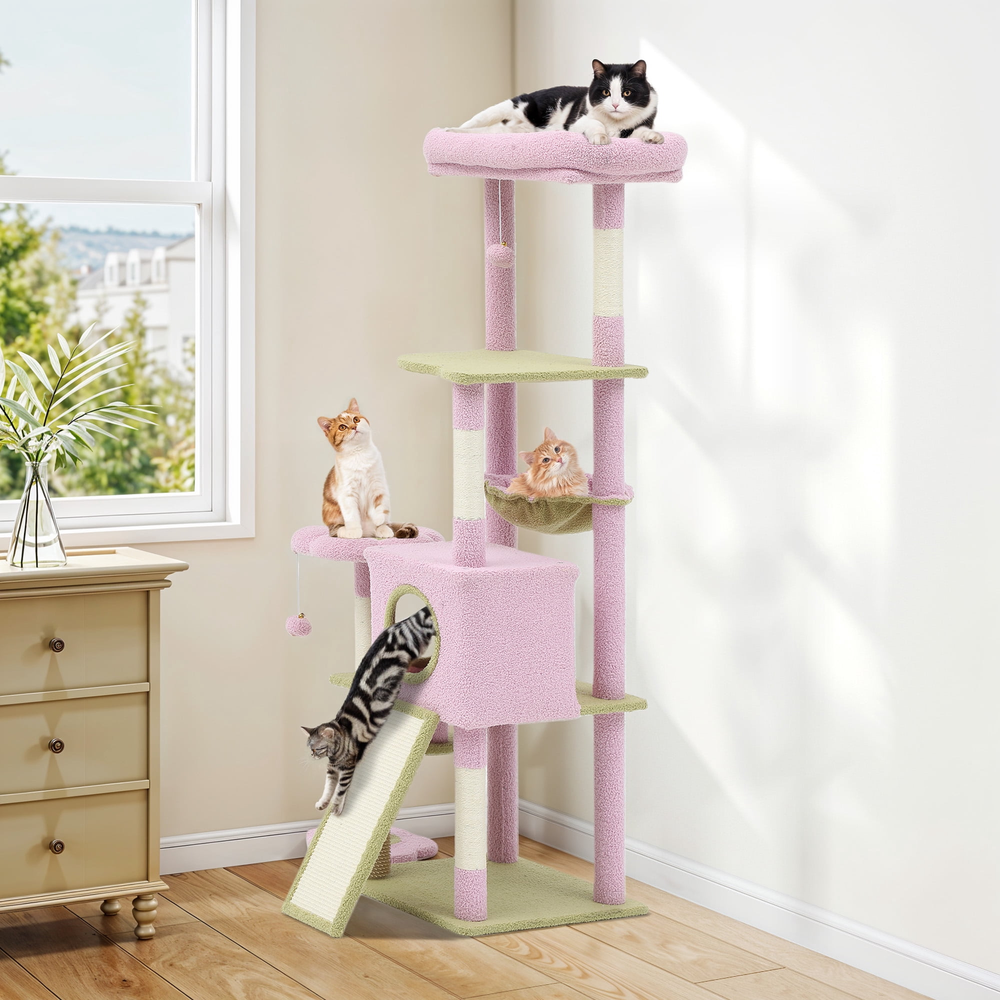 Uforic 61" Flower Cat Tree,Cat Tree Cute with Scratching Posts Tower with 3 Sisal Scratching Posts & Hammock for Medium Indoor Cats, Pink