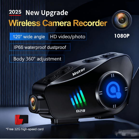 Motorcycle Helmet Bluetooth Headset, Wireless Camera Recorder with 1080P, 120°Wide Angle,HD Video/Photo, Body 360°Adjustment, Bluetooth 5.3, Smart Noise Reduction, IP66, 32GB TF Card