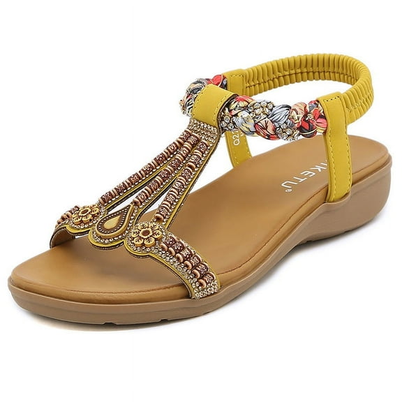 Sandals for Women Flats Shoes with Elastic Ankle Strap Comfortable Bohemian Flat Shoes for Women Sandals Breathable Dressy Summer Shoes Outdoor