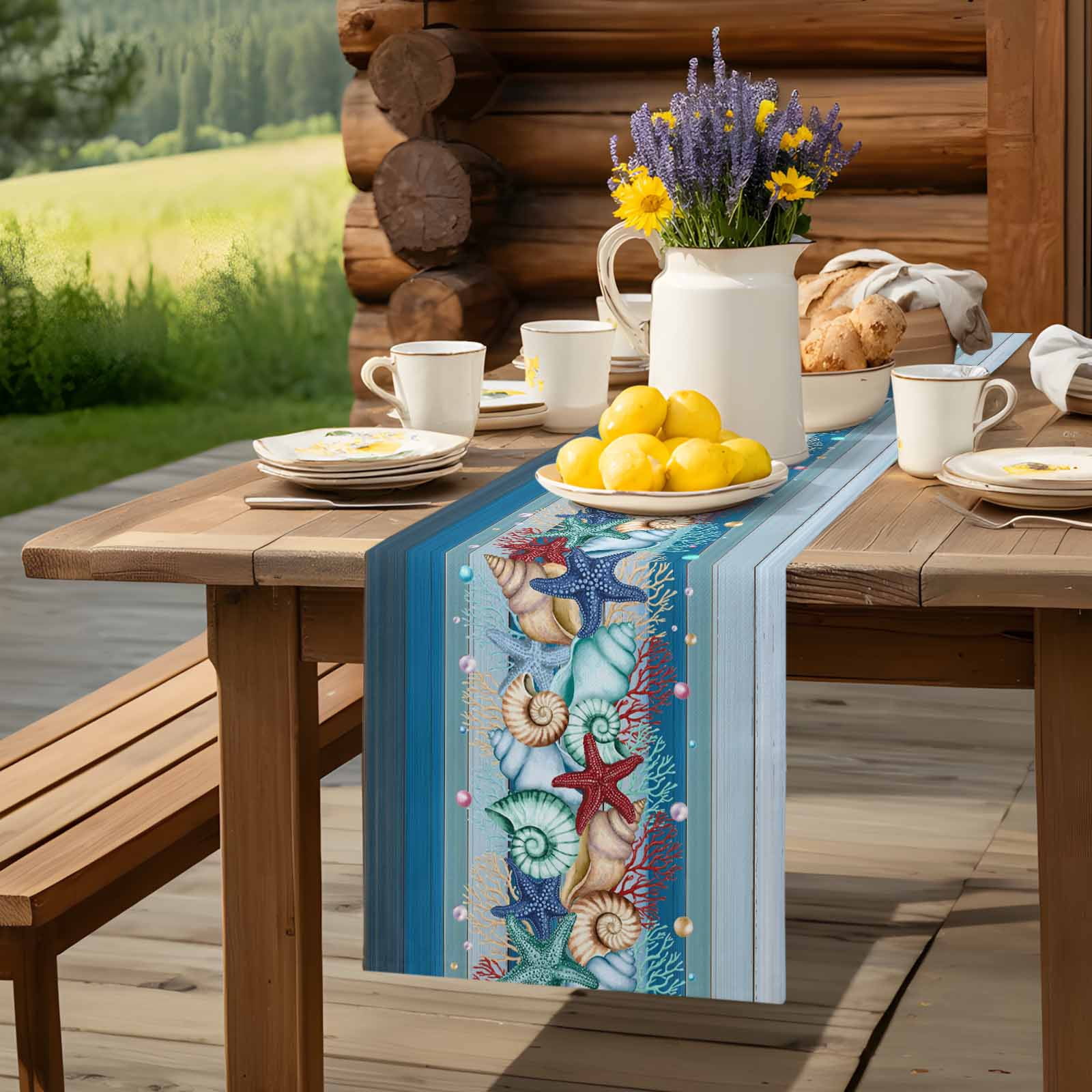 Watercolor Marine Life Starfish Table Runner 90 Inches Long, Blue Wood Grain Table Runners Tabletop Scarf Kitchen Dining Tables Decoration for Home Party Indoor Outdoor