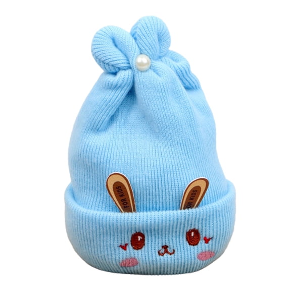 Xinwanna 0-6 Months Knitted Hat Rabbit Ears Embroidery Face Pleated Top Imitation Pearl Decor Stretchy Ear Protection Thicker Autumn Winter Baby Girls Boys Beanie Cap for Trip (Blue)