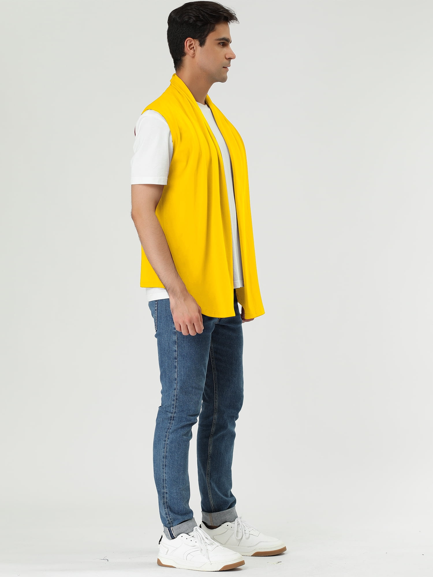 DARING DIVA Men's Sleeveless Open Front Asymmetric Hem Cardigan Vest 46 Yellow