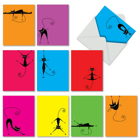 M3962 YOCATS' 10 Assorted All Occasions Note Cards Adorned With Vector-Art Images Of Yoga-Loving Cats with Envelopes by The Best Card
