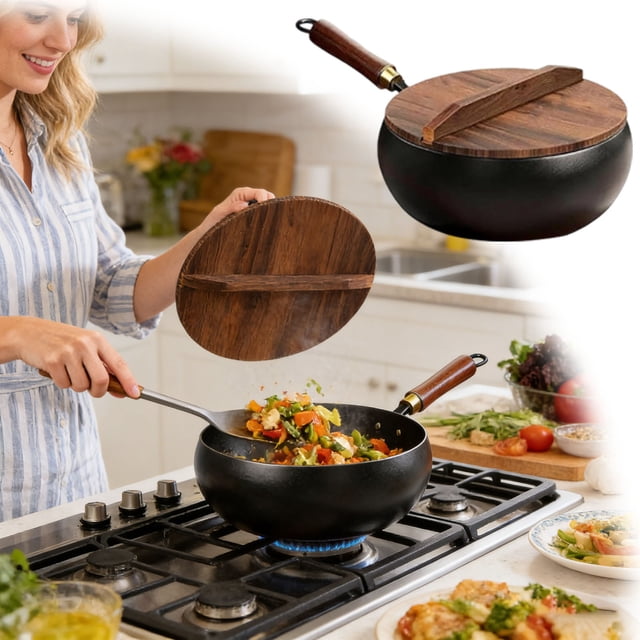 Klonfd Uncoated Thick Japanese Cookware 9.5 In Multifunctional Non Stick Wok With Lid