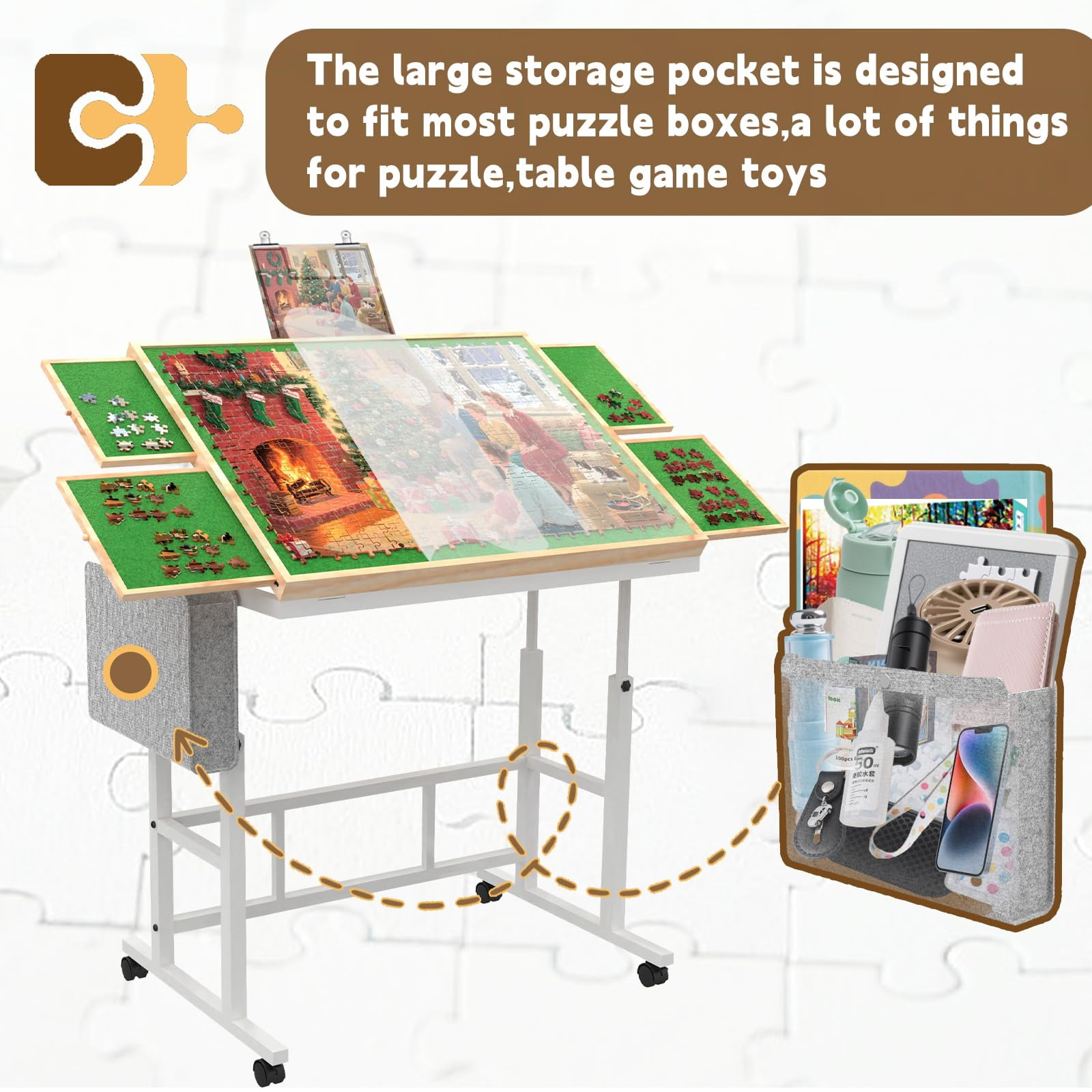 Jigsaw Puzzle Table for Adults with Drawers&Storage Pocket, Jigsaw Puzzle Board with Legs and Wheels, 5 Adjustable Height&Tilting, White