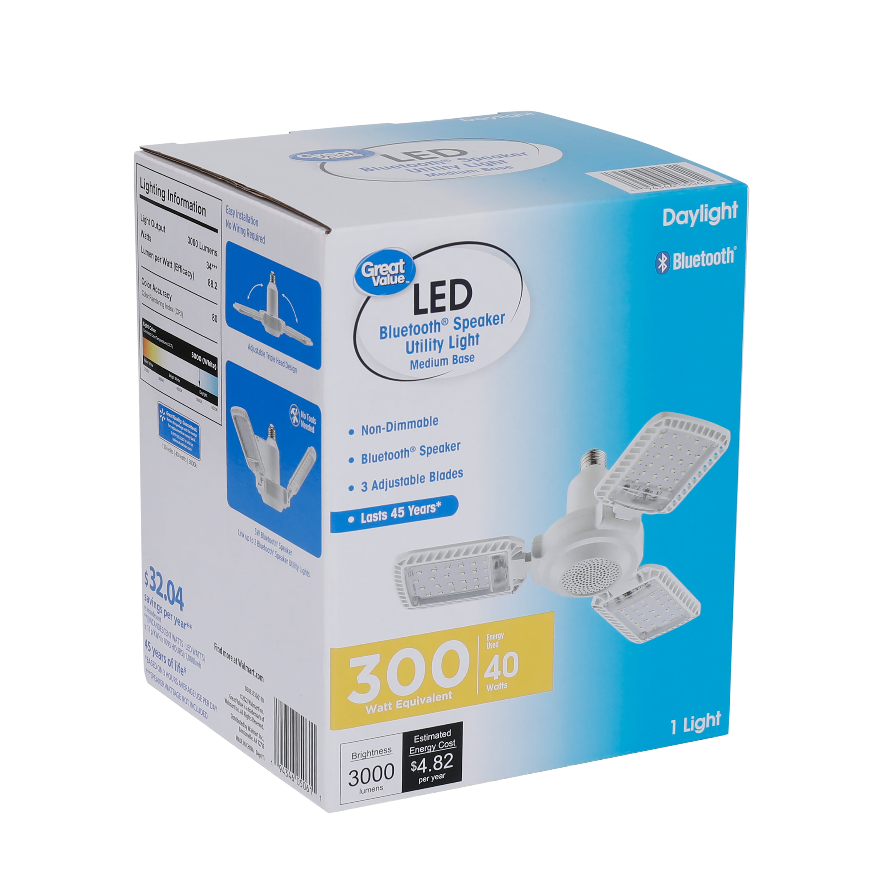 Great Value 3000 Lumen Deformable LED Garage Light with Bluetooth Speaker  E26 Bulb Base in White