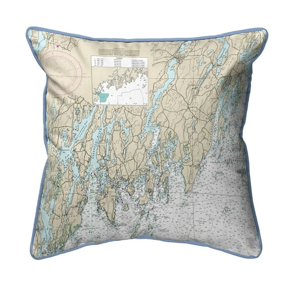 Betsy Drake HJ13288SPLB Southport - Pemaquid, ME Nautical Map - Light Blue Cord Large Corded Indoor & Outdoor Pillow - 18 x 18 in.