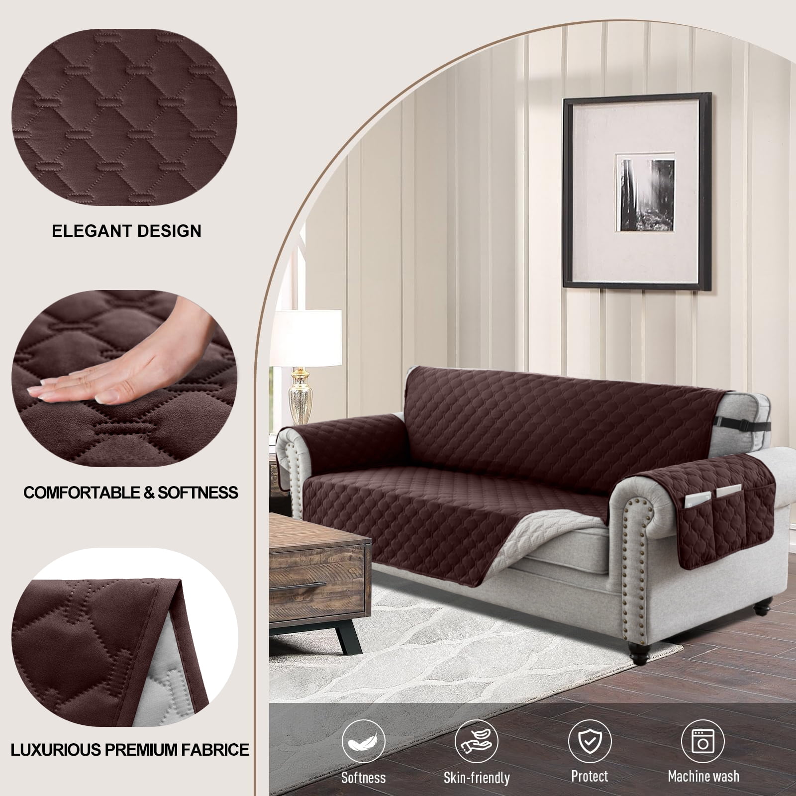 Sanmadrola Sofa Cover 100% Waterproof Couch Slipcovers Washable Non-Slip Furniture Protector with Pockets/Elastic Straps/Silicone Backing for Kids Pets Dogs, Brown, Sofa (Three-couch Sofa)