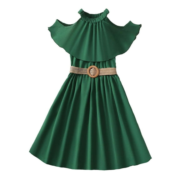 Kucnuzki Kids Girl Clothes 9T Summer Dress Sets Sleeveless Solid Color Flouncing Halter Dress Green