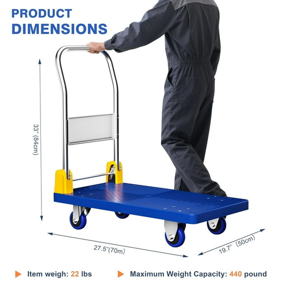 Push Cart Dolly, Collapsible Hand Truck Platform with 440lb Weight Capacity, 360 Degree Swivel Wheels for Loading and Storage (Blue)
