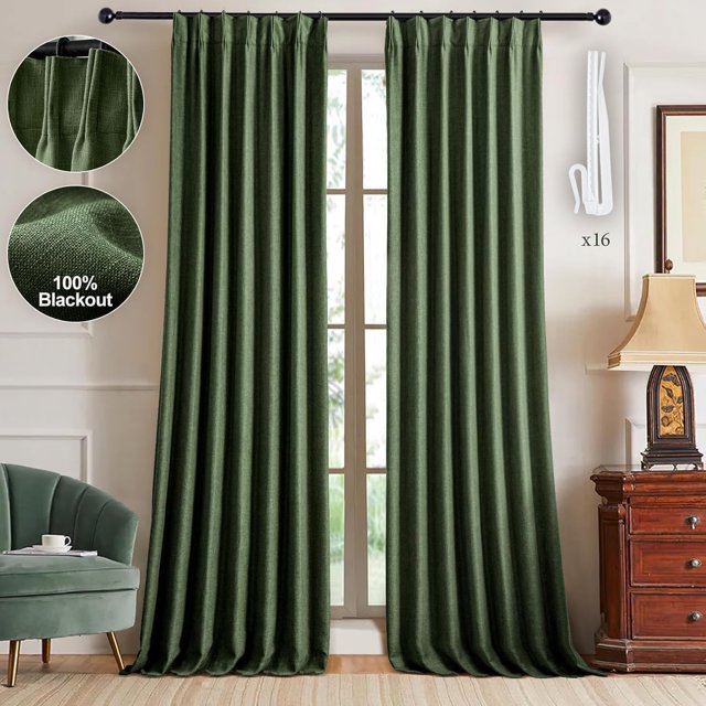 Cortinas de lino plisadas IVAPUPU, opacas, 240 x 240 cm, color verde