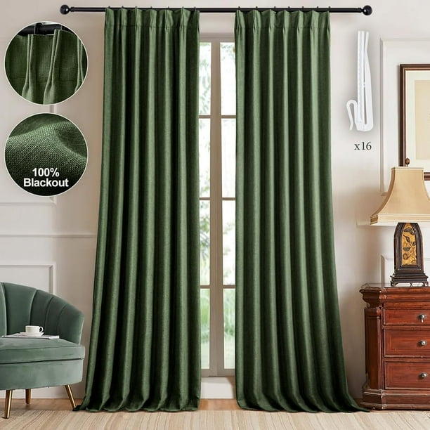 Cortinas de lino plisadas IVAPUPU, opacas, 240 x 240 cm, color verde