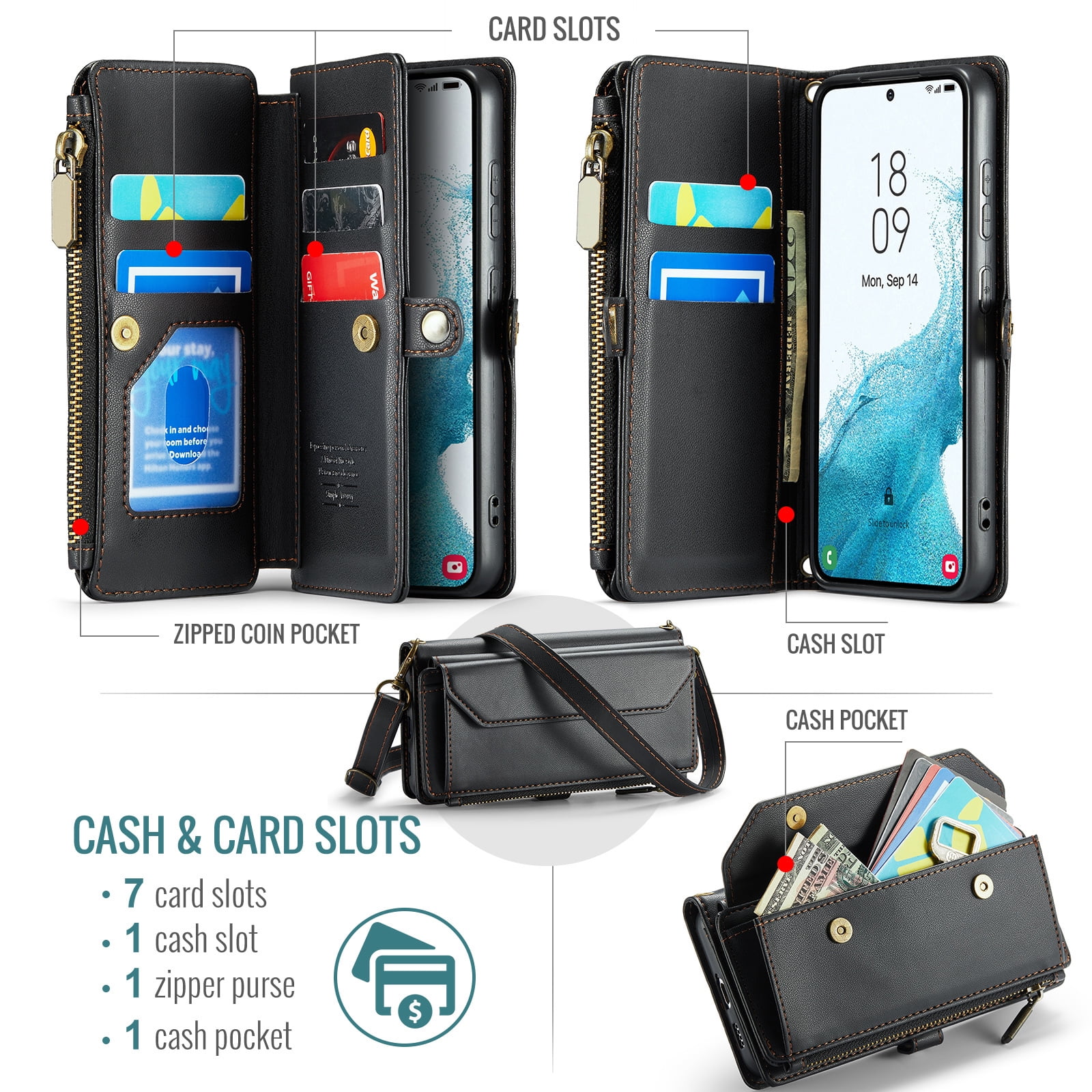 Asuwish Compatible with Samsung Galaxy S22 5G Zipper Wallet Phone Case Tempered Glass Screen Protector Crossbody Lanyard Strap Flip Card Holder Slot Cell Cover for S 22 22S 4G G5 6.1 Women Black