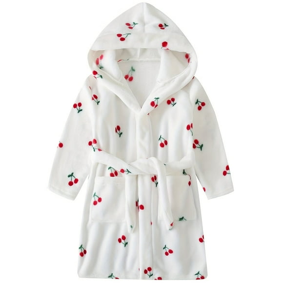Girls Hooded Bathrobe Strawberry Pattern Flannel Soft Warm Pockets Belt Robe Pyjamas Sleepwear Kids Spring Clothes