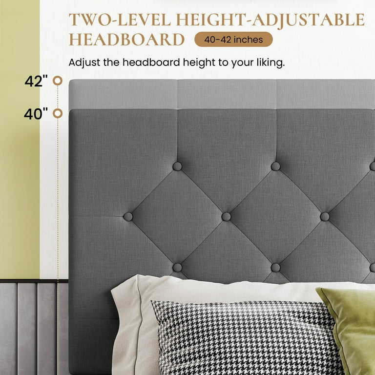 Sha Cerlin Upholstered King Bed Frame, Light Gray, with 4